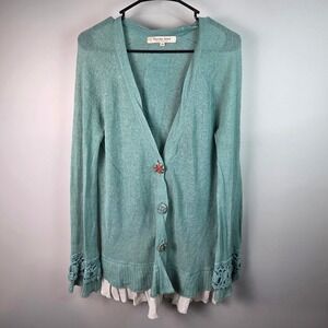 Thursday Island Cardigan Women 95 Teal Blue Excellent Linen Blend Crochet Boho
